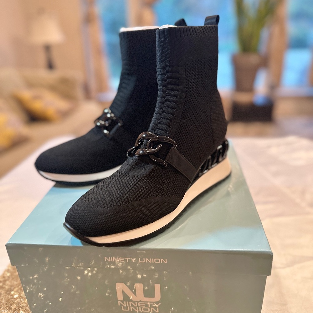 Ninety Union Black Knit High-Top Wedge Sneakers NIB size 10